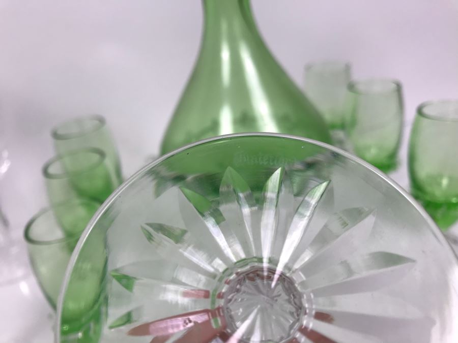 Waterford Crystal Decanter With (4) Stemware Glasses And Green Art Glass Decanter With Set Of (6) Green Stemware Glasses [Photo 9]