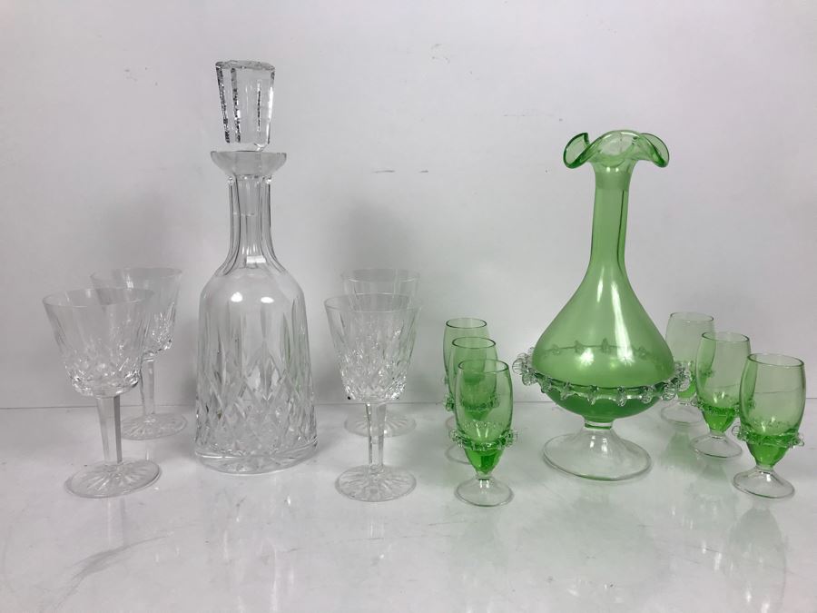 Waterford Crystal Decanter With (4) Stemware Glasses And Green Art Glass Decanter With Set Of (6) Green Stemware Glasses [Photo 1]