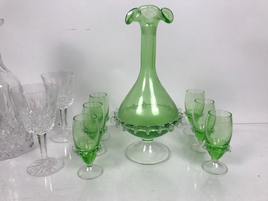 Waterford Crystal Decanter With (4) Stemware Glasses And Green Art Glass Decanter With Set Of (6) Green Stemware Glasses [Photo 2]