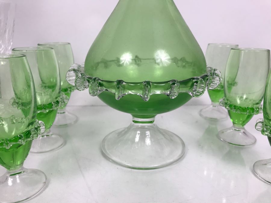Waterford Crystal Decanter With (4) Stemware Glasses And Green Art Glass Decanter With Set Of (6) Green Stemware Glasses [Photo 3]