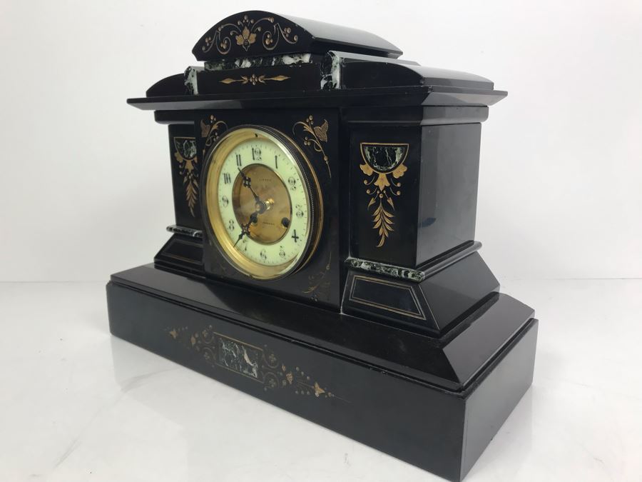 Vintage Marble Mantle Clock Porcelain Dial Movement Has Been Electrified 15'W  X 12'H X 6.5'D [Photo 8]