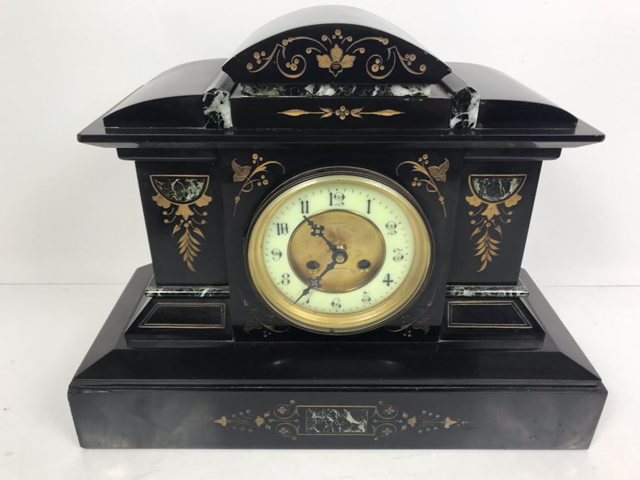 Vintage Marble Mantle Clock Porcelain Dial Movement Has Been Electrified 15'W  X 12'H X 6.5'D [Photo 2]