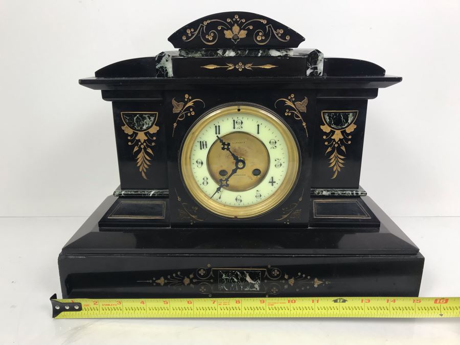 Vintage Marble Mantle Clock Porcelain Dial Movement Has Been Electrified 15'W  X 12'H X 6.5'D [Photo 12]