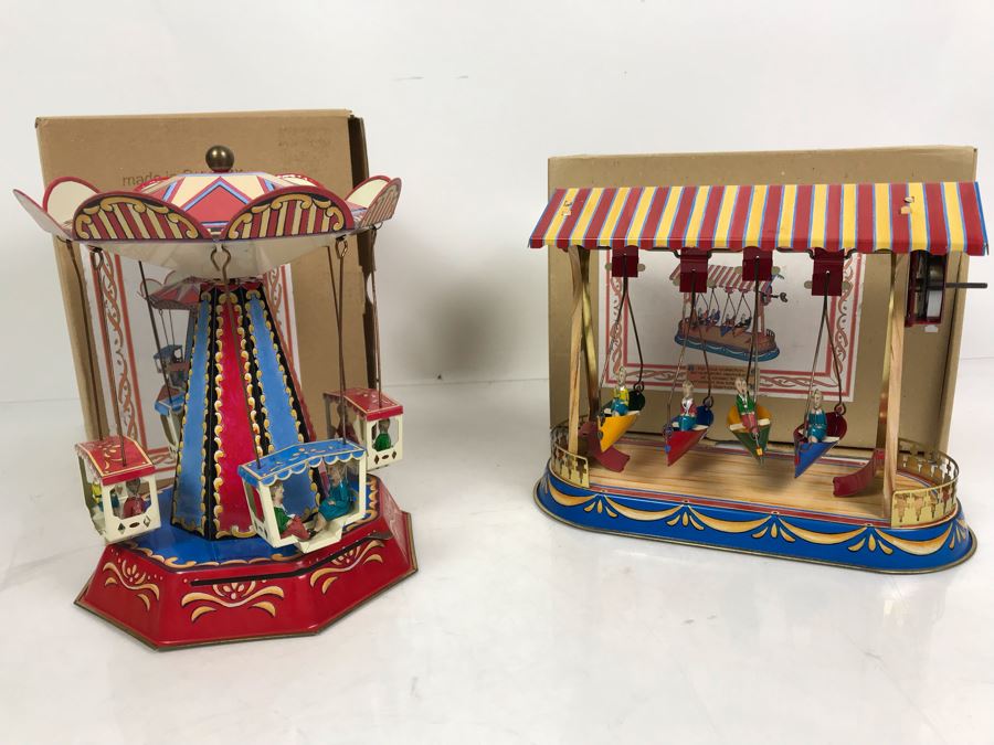 Pair Of German Tin Mechanical Wind-Up Toys 2005 Reproductions Of Antique Carousel And Antique Boat Swing By Wagner / Brunn In Boxes