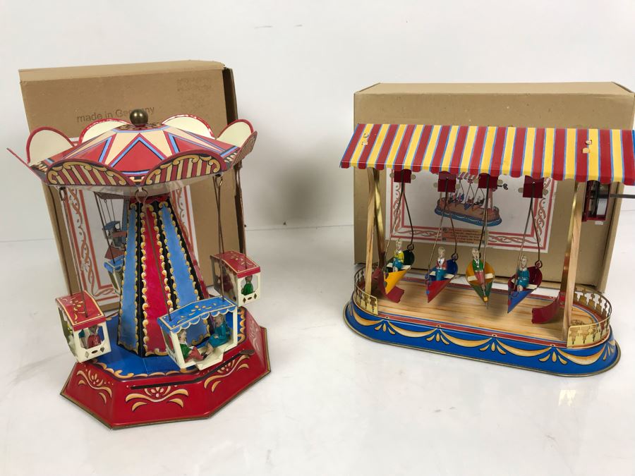Pair Of German Tin Mechanical Wind-Up Toys 2005 Reproductions Of Antique Carousel And Antique Boat Swing By Wagner / Brunn In Boxes [Photo 2]