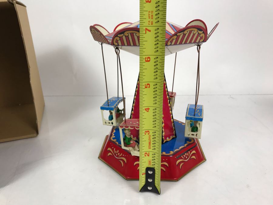 Pair Of German Tin Mechanical Wind-Up Toys 2005 Reproductions Of Antique Carousel And Antique Boat Swing By Wagner / Brunn In Boxes [Photo 15]