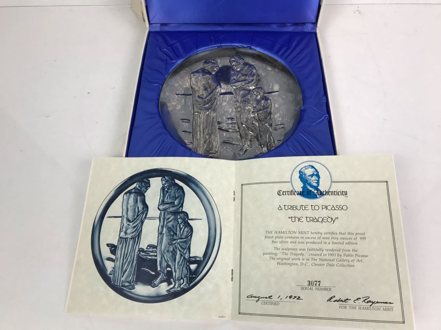 Fine .999 Silver Vintage First Edition A Tribute To Picasso Embossed Sculpture Plate Limited Edition Hamilton Mint 8'D 291.7g [Photo 13]