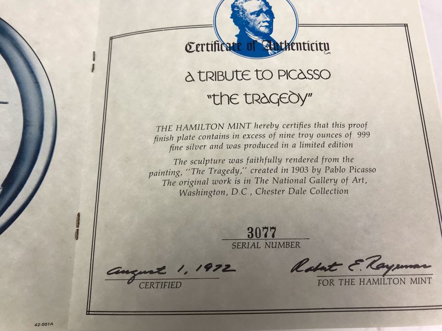 Fine .999 Silver Vintage First Edition A Tribute To Picasso Embossed Sculpture Plate Limited Edition Hamilton Mint 8'D 291.7g [Photo 5]