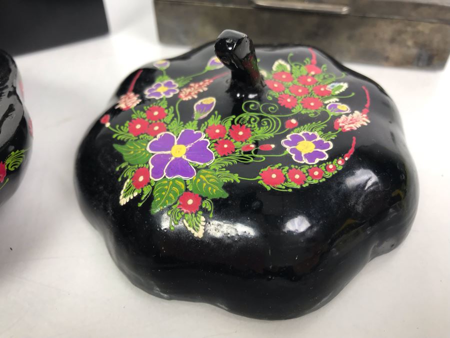 Collection Of (3) Boxes Mother Of Pearl Inlay, Metal And Lacquer Trinket Boxes [Photo 3]