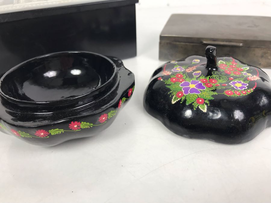 Collection Of (3) Boxes Mother Of Pearl Inlay, Metal And Lacquer Trinket Boxes [Photo 2]