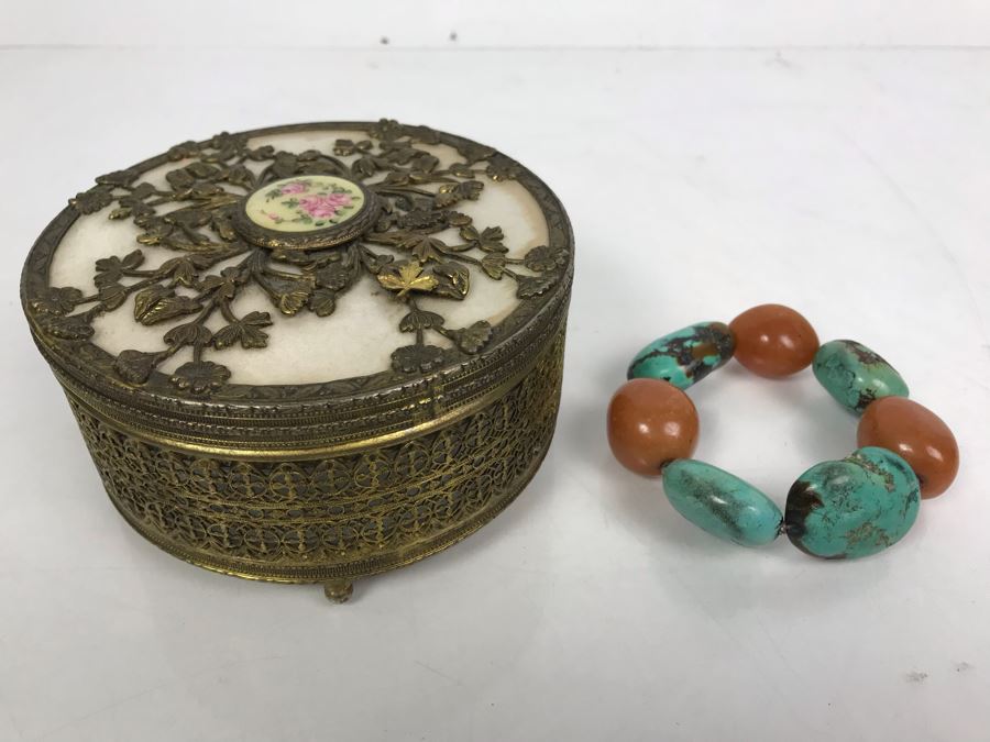 Vintage Trinket Box And Turquoise Bracelet