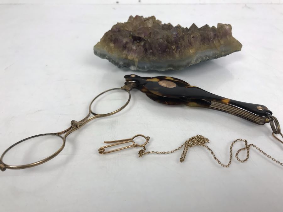 Vintage Engraved Tortoise Shell Folding Reading Glasses And Amethyst Geode Rock Piece [Photo 3]