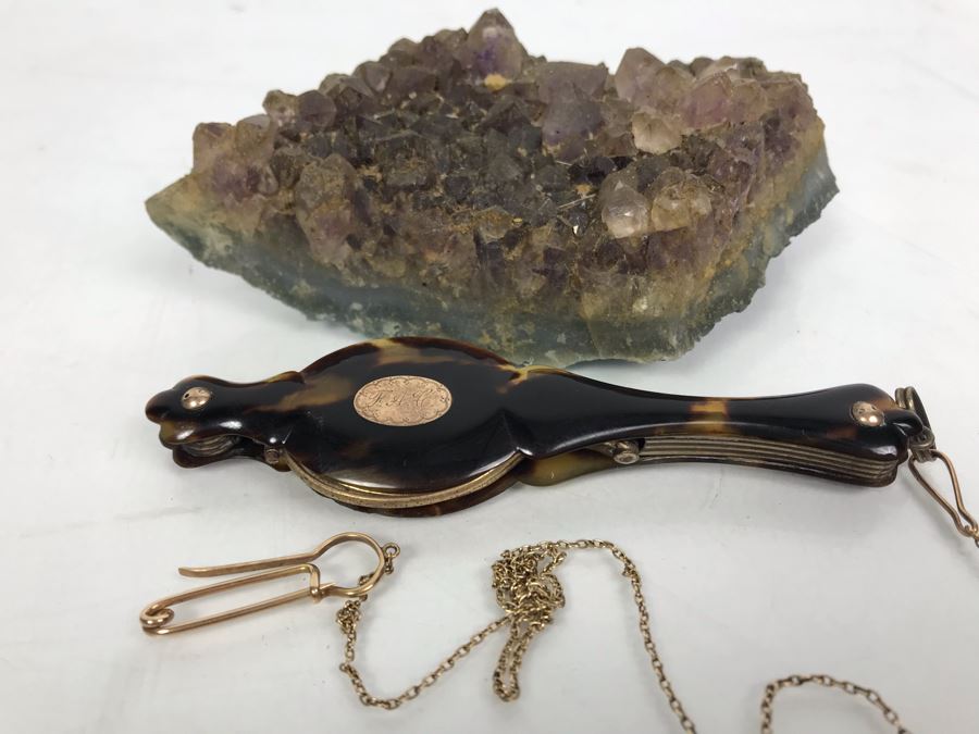 Vintage Engraved Tortoise Shell Folding Reading Glasses And Amethyst Geode Rock Piece [Photo 9]