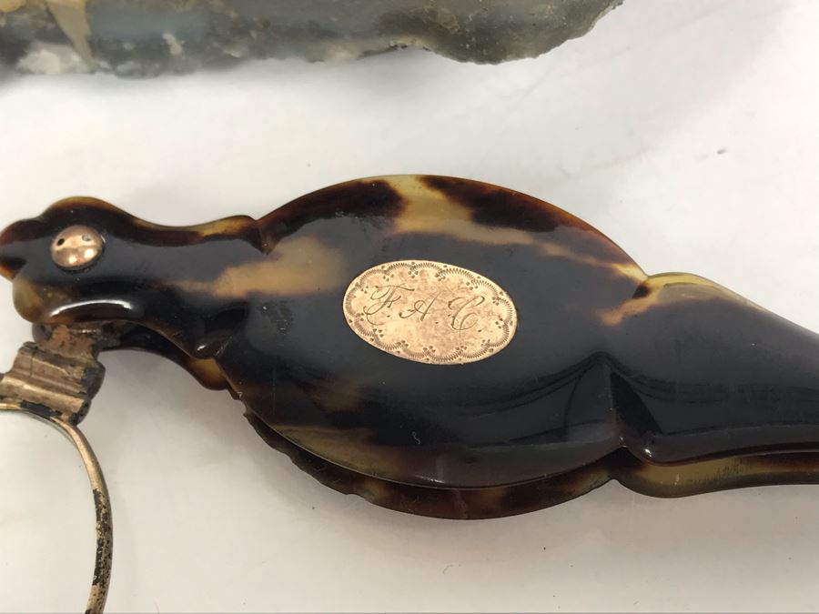 Vintage Engraved Tortoise Shell Folding Reading Glasses And Amethyst Geode Rock Piece [Photo 4]