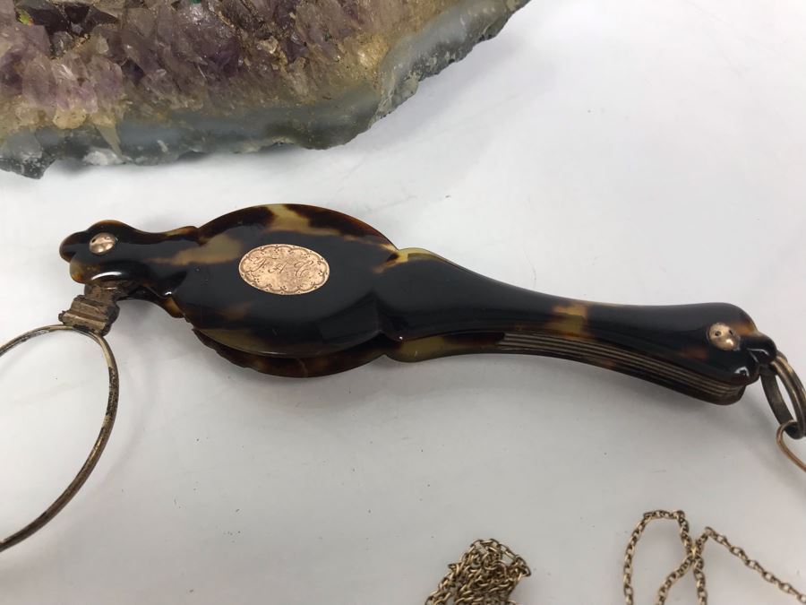 Vintage Engraved Tortoise Shell Folding Reading Glasses And Amethyst Geode Rock Piece [Photo 2]