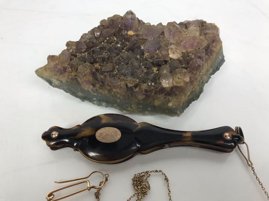 Vintage Engraved Tortoise Shell Folding Reading Glasses And Amethyst Geode Rock Piece [Photo 10]