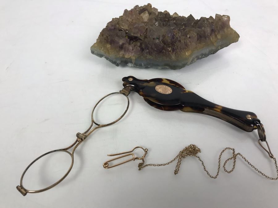 Vintage Engraved Tortoise Shell Folding Reading Glasses And Amethyst Geode Rock Piece [Photo 1]