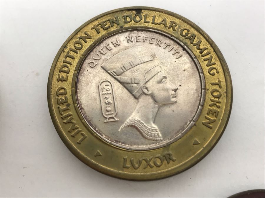 Various Tokens And Pins: LUXOR .999 Fine Silver Year 2000 $10 Gambling Token, Vintage 1939 Golden Gate International Exposition Treasure Island, SF Trolley Tokens And Oregon Man Club Pin [Photo 3]