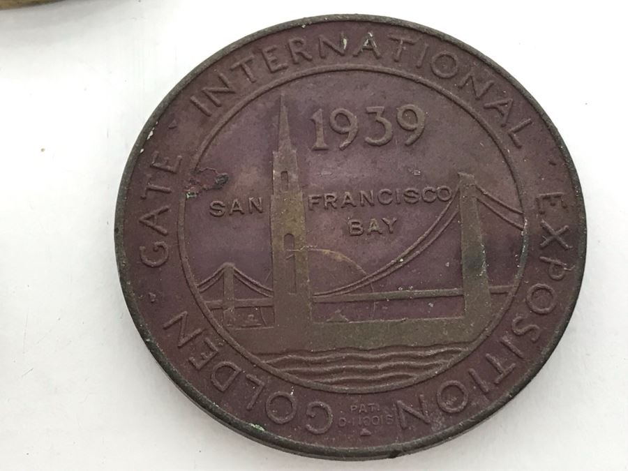 Various Tokens And Pins: LUXOR .999 Fine Silver Year 2000 $10 Gambling Token, Vintage 1939 Golden Gate International Exposition Treasure Island, SF Trolley Tokens And Oregon Man Club Pin [Photo 11]