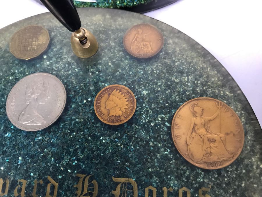 (7) Mid-Century Desk Pen Holders (Missing Pen Holder Parts) With Various Vintage And Antique Coins Including Silver Coins [Photo 6]