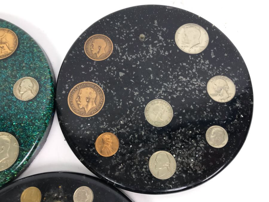 (7) Mid-Century Desk Pen Holders (Missing Pen Holder Parts) With Various Vintage And Antique Coins Including Silver Coins [Photo 25]