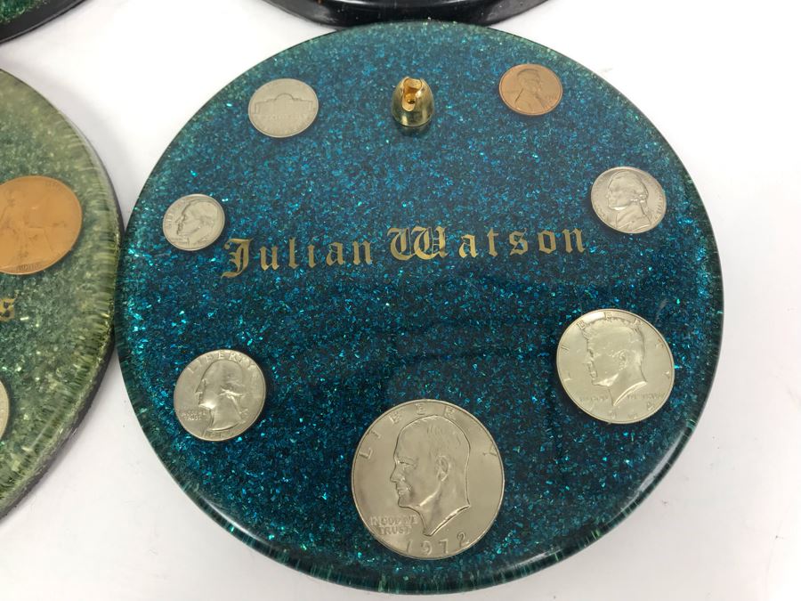 (7) Mid-Century Desk Pen Holders (Missing Pen Holder Parts) With Various Vintage And Antique Coins Including Silver Coins [Photo 9]