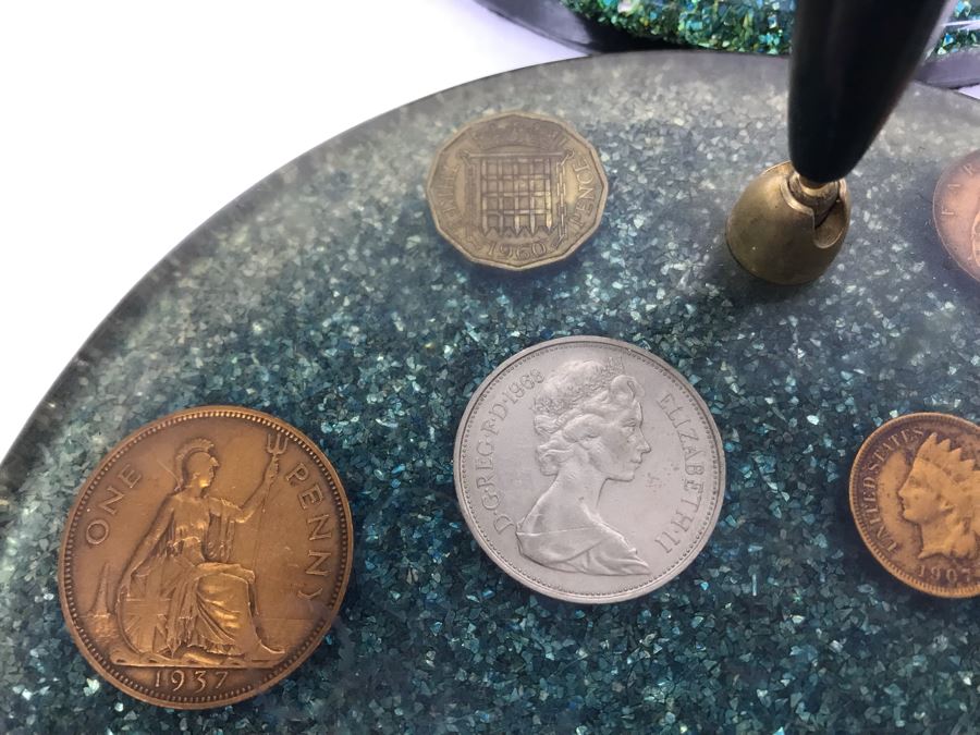 (7) Mid-Century Desk Pen Holders (Missing Pen Holder Parts) With Various Vintage And Antique Coins Including Silver Coins [Photo 7]