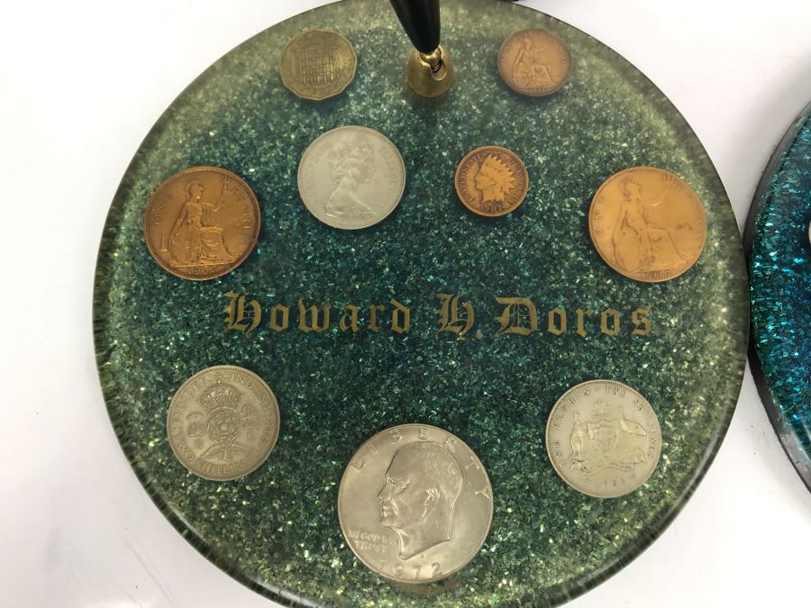 (7) Mid-Century Desk Pen Holders (Missing Pen Holder Parts) With Various Vintage And Antique Coins Including Silver Coins [Photo 3]