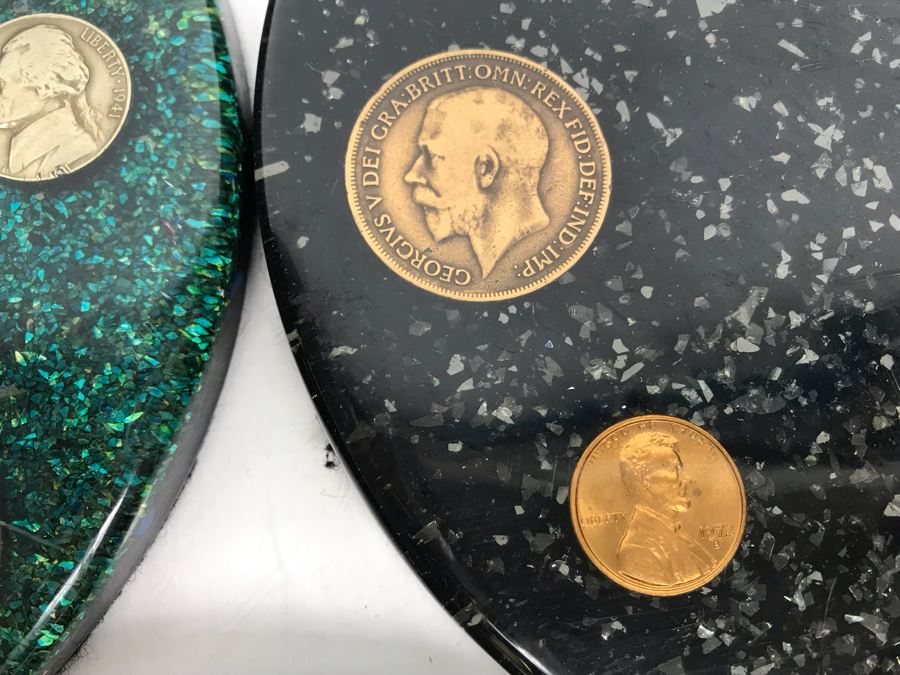 (7) Mid-Century Desk Pen Holders (Missing Pen Holder Parts) With Various Vintage And Antique Coins Including Silver Coins [Photo 26]