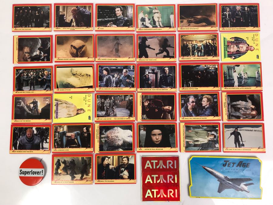 Vintage 1984 DUNE Movie Trading Cards, Vintage ATARI Stickers, Superlover Button And Vintage Jet Age Sewing Needle Book