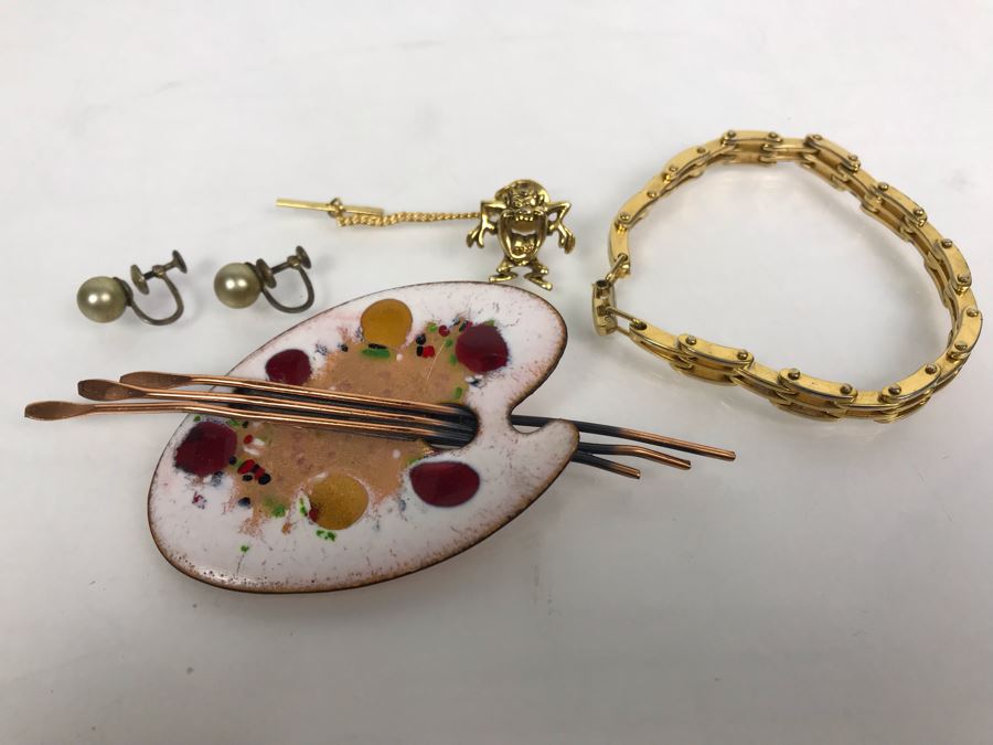 Vintage Matisse Renoir Brooch Pin, Napier Gold Tone Chain Link Bracelet, Sterling Silver Screw Back Earrings And WB Tasmanian Devil Pin