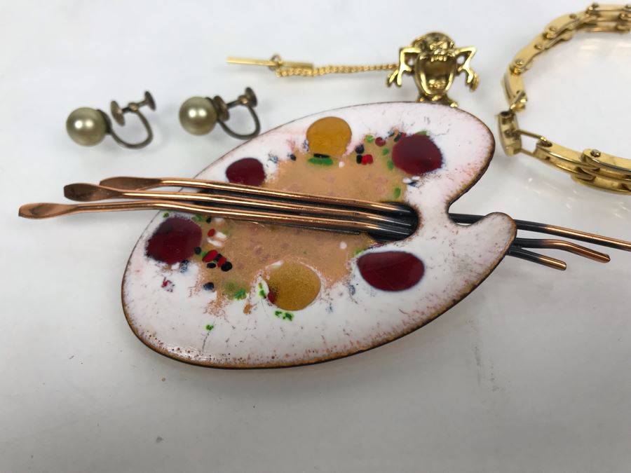 Vintage Matisse Renoir Brooch Pin, Napier Gold Tone Chain Link Bracelet, Sterling Silver Screw Back Earrings And WB Tasmanian Devil Pin [Photo 2]