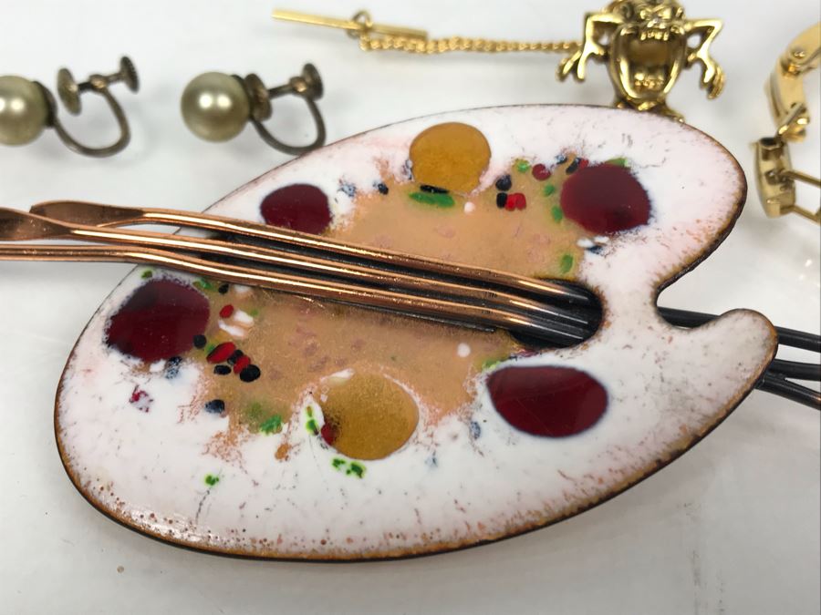 Vintage Matisse Renoir Brooch Pin, Napier Gold Tone Chain Link Bracelet, Sterling Silver Screw Back Earrings And WB Tasmanian Devil Pin [Photo 3]