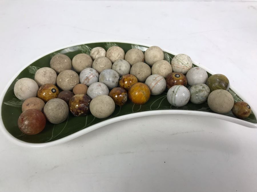 Vintage Clay And Glass Marbles - Come With Glass Jar And Foley Bone China Olive Branch Dish - See Photos For Individual Marble Pics