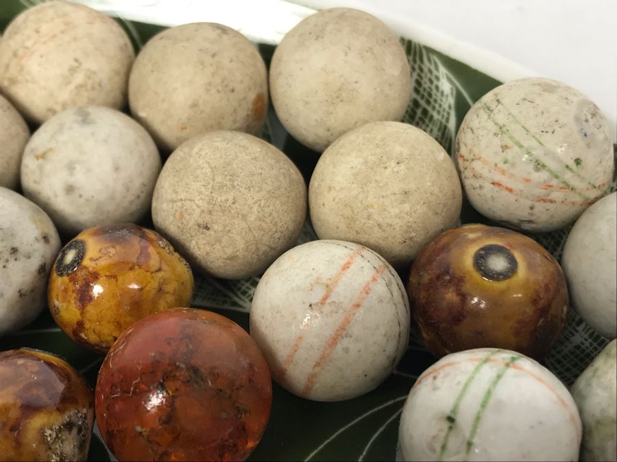 Vintage Clay And Glass Marbles - Come With Glass Jar And Foley Bone China Olive Branch Dish - See Photos For Individual Marble Pics [Photo 11]