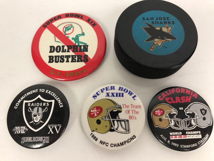 Various NFL Football Super Bowl Pins Oakland Raiders, SF 49ers, Miami Dolphins And San Jose Sharks Official NHL Hockey Puck