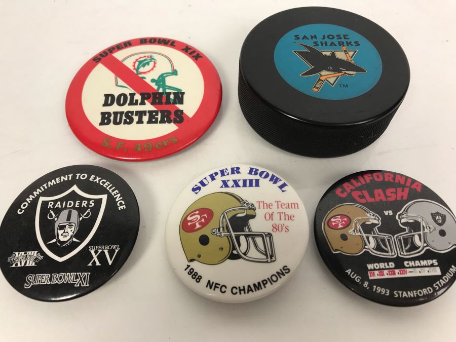 Various NFL Football Super Bowl Pins Oakland Raiders, SF 49ers, Miami Dolphins And San Jose Sharks Official NHL Hockey Puck [Photo 2]