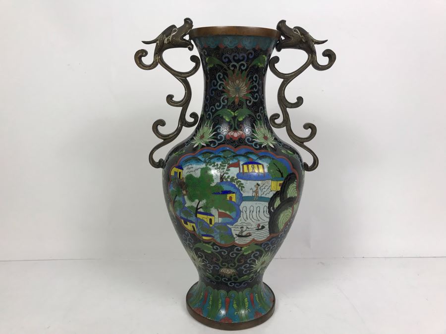 Vintage Large Chinese Cloisonne Vase - See Photos For 2 Areas Of Damage And Note That One Handle Needs To Be Reattached [Photo 2]
