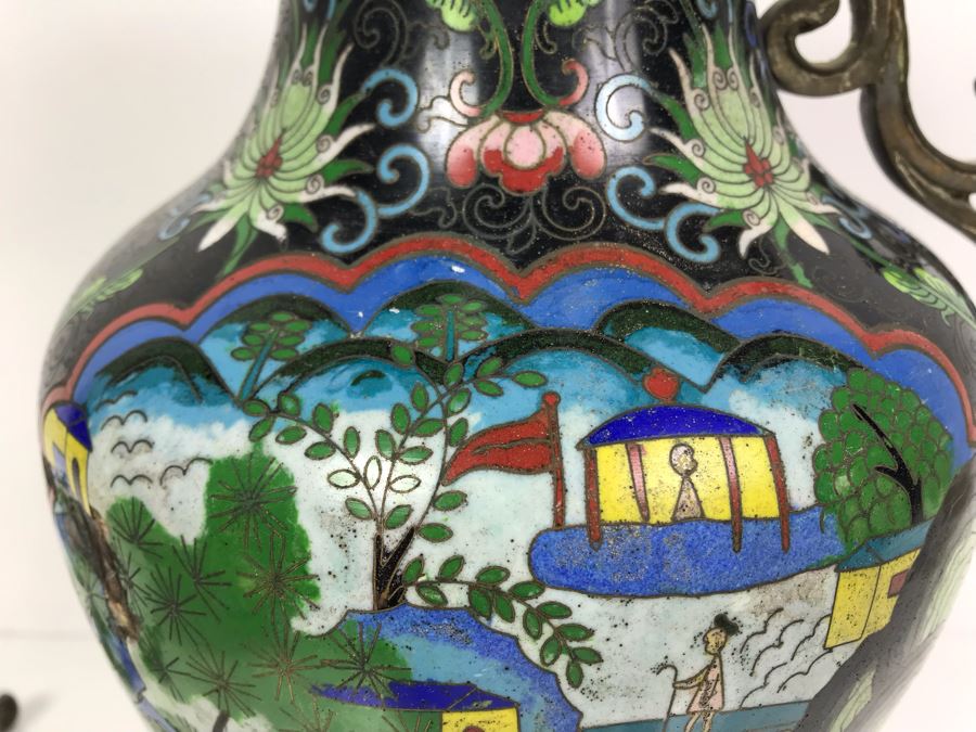 Vintage Large Chinese Cloisonne Vase - See Photos For 2 Areas Of Damage And Note That One Handle Needs To Be Reattached [Photo 5]
