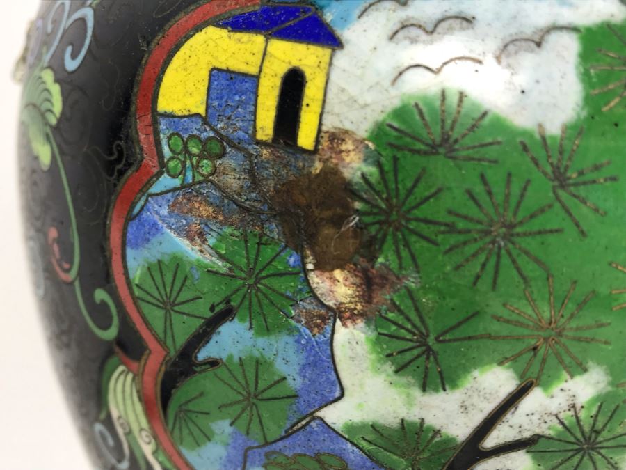 Vintage Large Chinese Cloisonne Vase - See Photos For 2 Areas Of Damage And Note That One Handle Needs To Be Reattached [Photo 8]