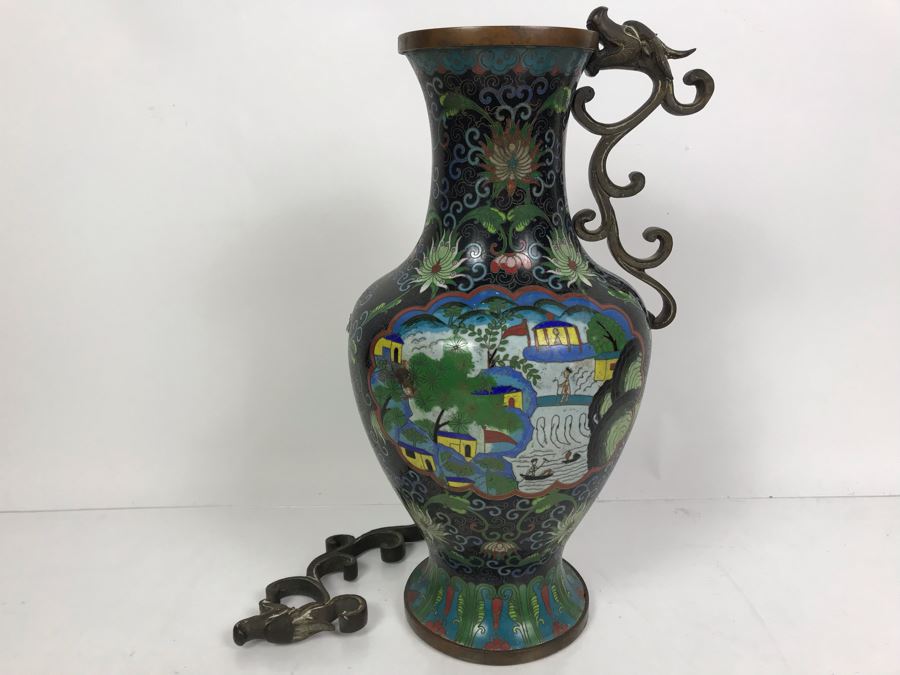 Vintage Large Chinese Cloisonne Vase - See Photos For 2 Areas Of Damage And Note That One Handle Needs To Be Reattached [Photo 1]