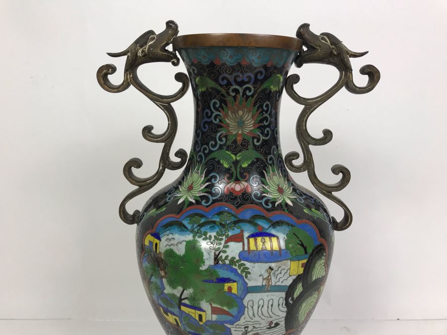 Vintage Large Chinese Cloisonne Vase - See Photos For 2 Areas Of Damage And Note That One Handle Needs To Be Reattached [Photo 3]