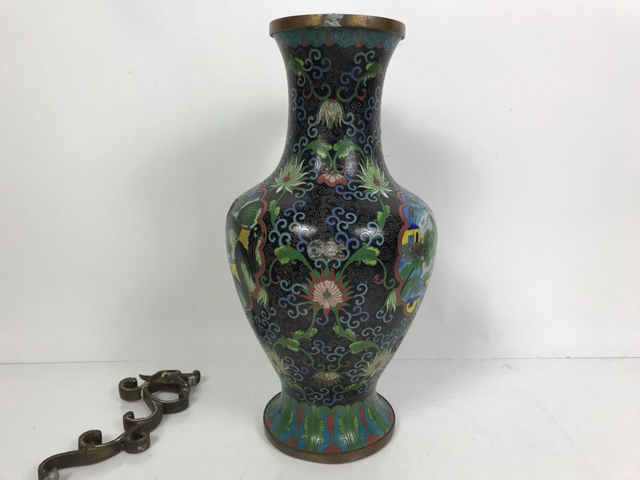 Vintage Large Chinese Cloisonne Vase - See Photos For 2 Areas Of Damage And Note That One Handle Needs To Be Reattached [Photo 13]