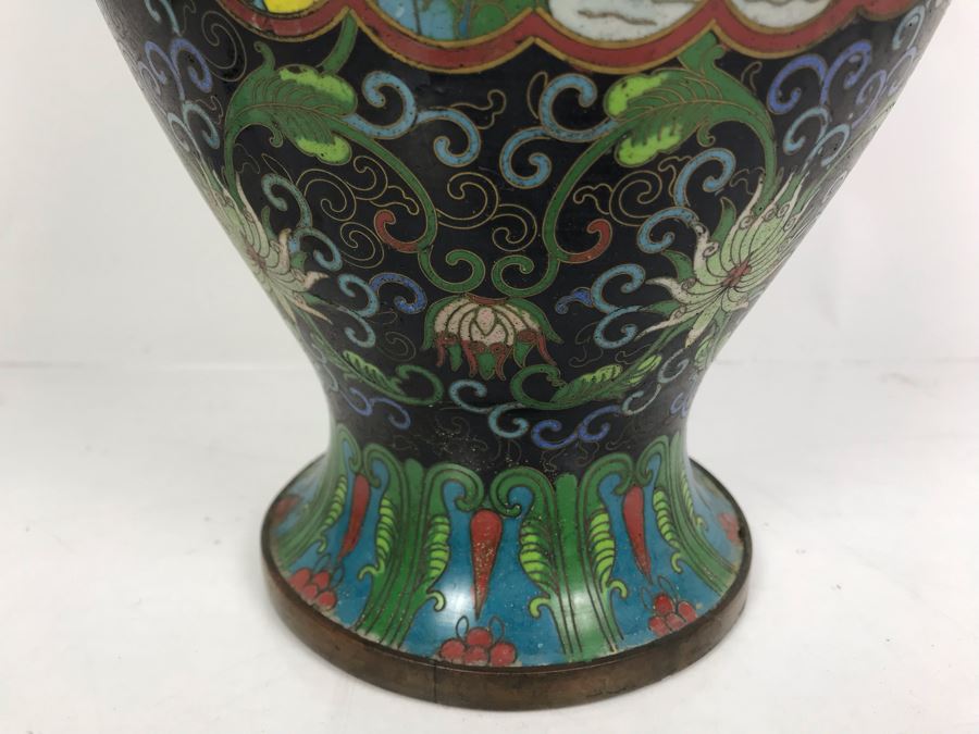 Vintage Large Chinese Cloisonne Vase - See Photos For 2 Areas Of Damage And Note That One Handle Needs To Be Reattached [Photo 7]
