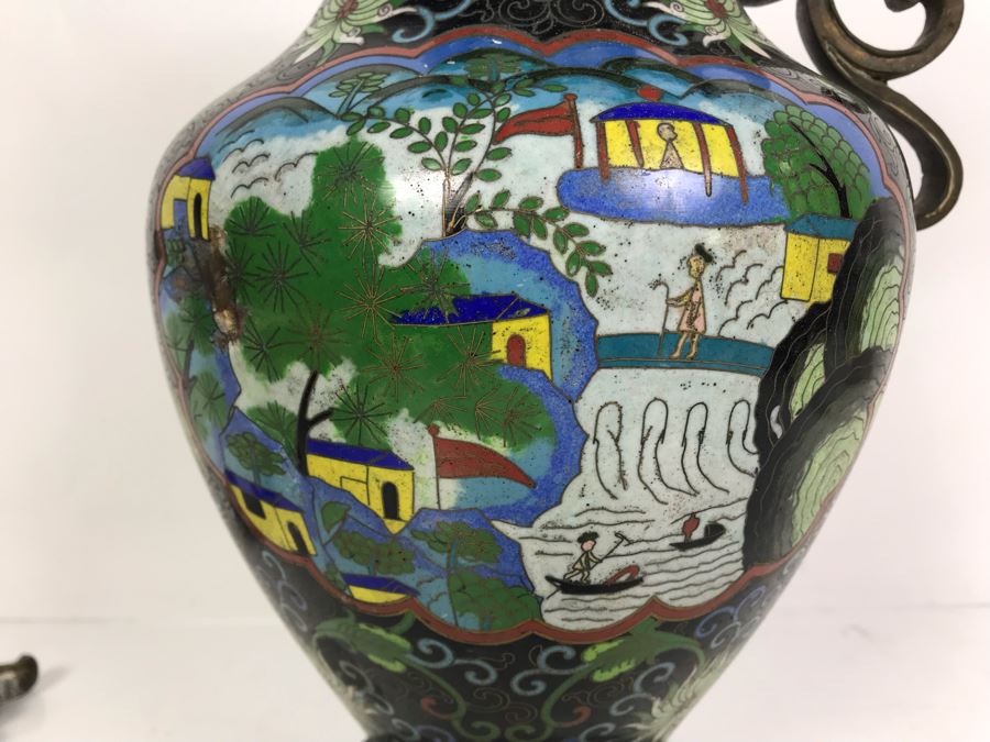 Vintage Large Chinese Cloisonne Vase - See Photos For 2 Areas Of Damage And Note That One Handle Needs To Be Reattached [Photo 6]