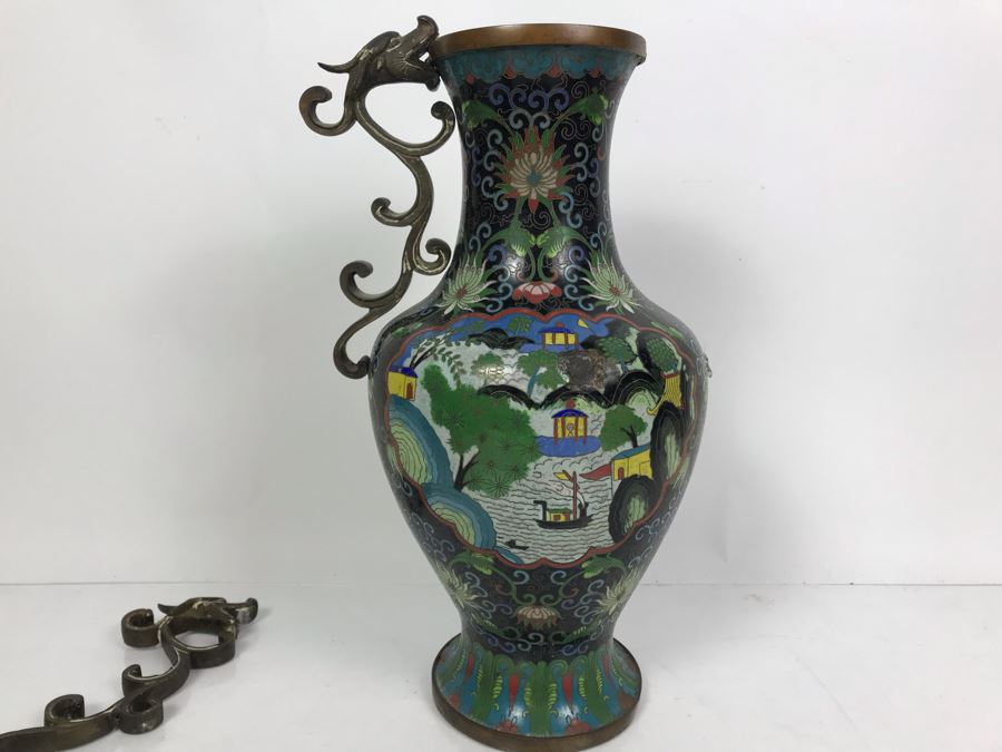 Vintage Large Chinese Cloisonne Vase - See Photos For 2 Areas Of Damage And Note That One Handle Needs To Be Reattached [Photo 10]