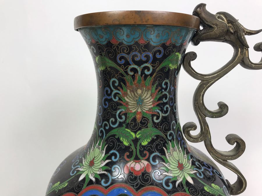 Vintage Large Chinese Cloisonne Vase - See Photos For 2 Areas Of Damage And Note That One Handle Needs To Be Reattached [Photo 4]
