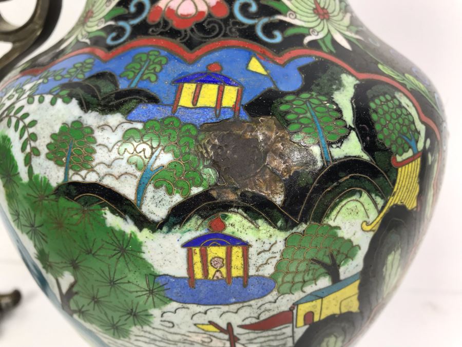 Vintage Large Chinese Cloisonne Vase - See Photos For 2 Areas Of Damage And Note That One Handle Needs To Be Reattached [Photo 11]