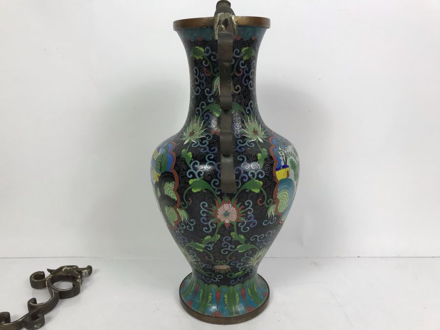Vintage Large Chinese Cloisonne Vase - See Photos For 2 Areas Of Damage And Note That One Handle Needs To Be Reattached [Photo 9]