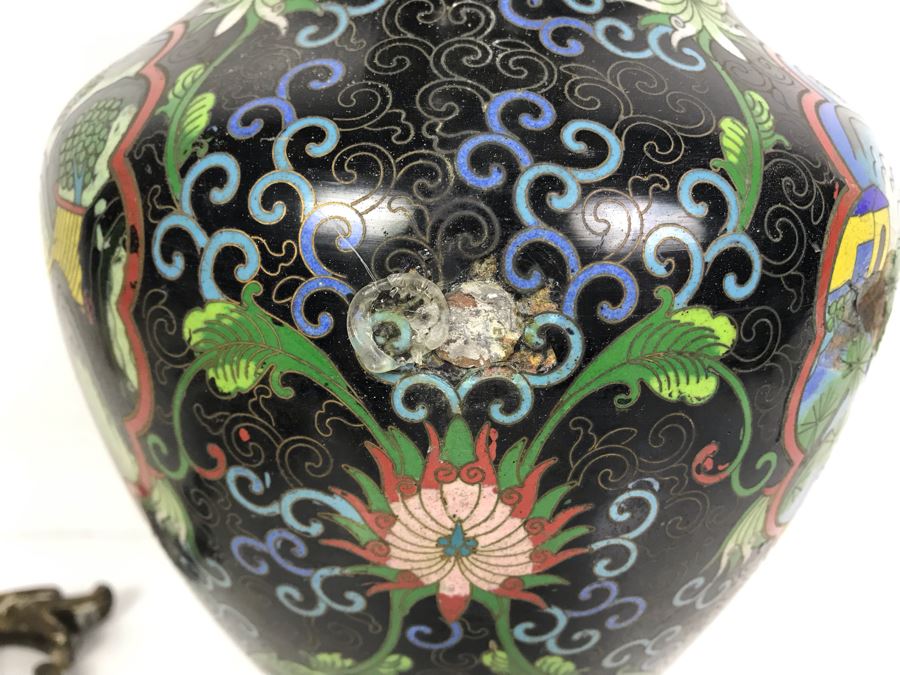 Vintage Large Chinese Cloisonne Vase - See Photos For 2 Areas Of Damage And Note That One Handle Needs To Be Reattached [Photo 14]